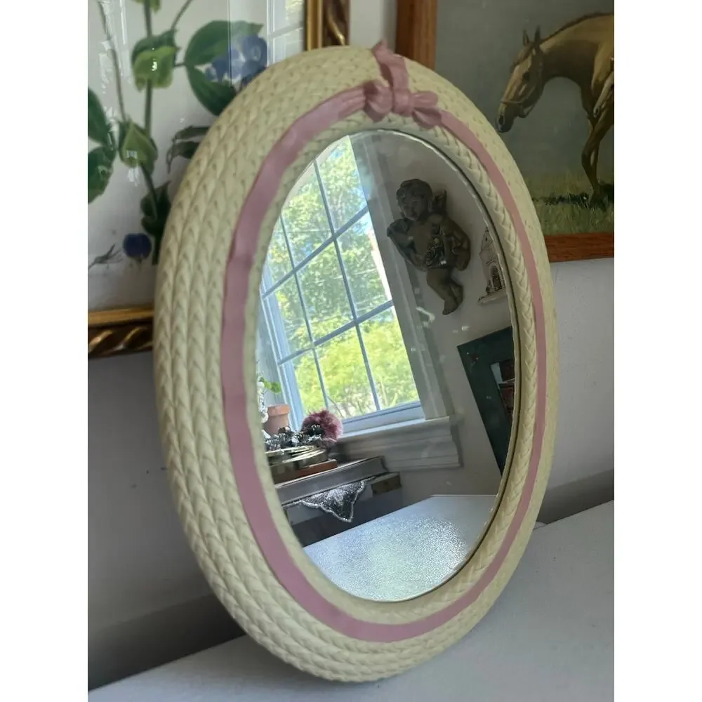 Vintage Oval Nursery Mirror Pink Bow Woven Frame Home girls wall cottage cute